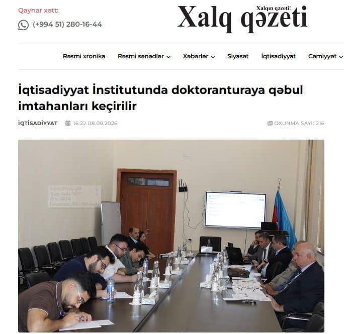 "Xalq qəzeti": İqtisadiyyat İnstitutunda doktoranturaya qəbul imtahanları keçirilir