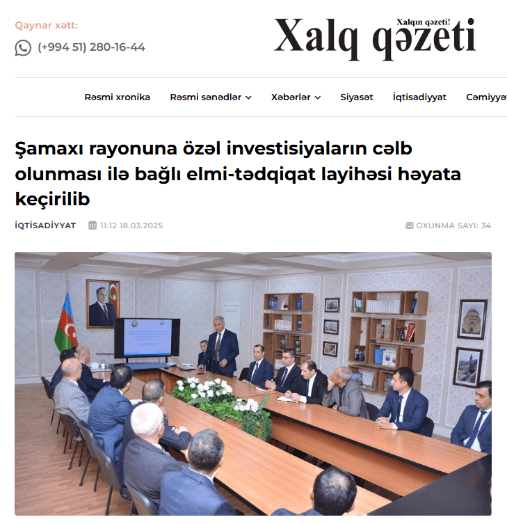 Şamaxı rayonuna özəl investisiyaların cəlb olunması ilə bağlı elmi-tədqiqat layihəsi həyata keçirilib
